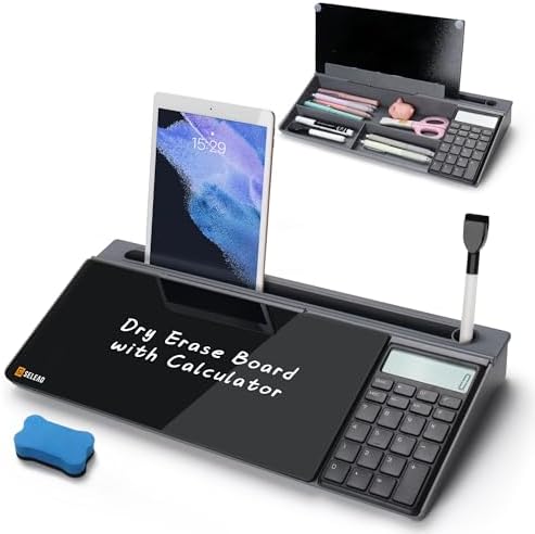 SELEAD Desktop Glass Whiteboard with Calculator and Storage, Black