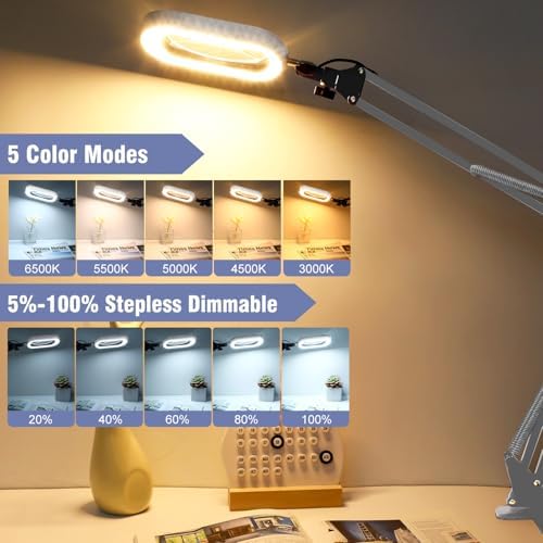14.35" Large Magnifying Glass with Light and Clamp, Real Glass, 5 Color Modes, Stepless Dimmable, Lighted Magnifier with Stand Hands Free, LED Swing Arm Desk Lamp for Close Work, Craft, White