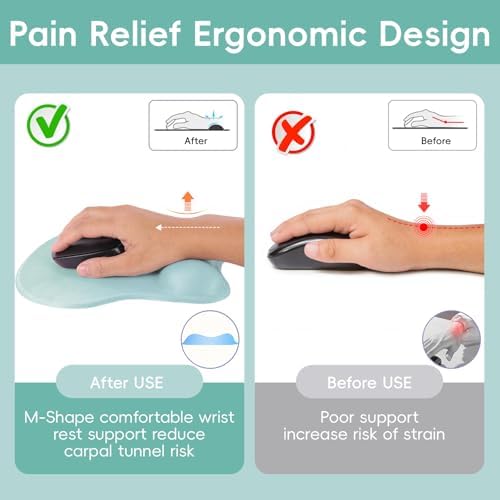 Mouse Pad with Wrist Rest Ergonomic Mouse Pad with Comfortable M-Shape Pain Relief Wrist Support Non-Slip PU Base Mousepad for Laptop, Office & Home (Cyan)