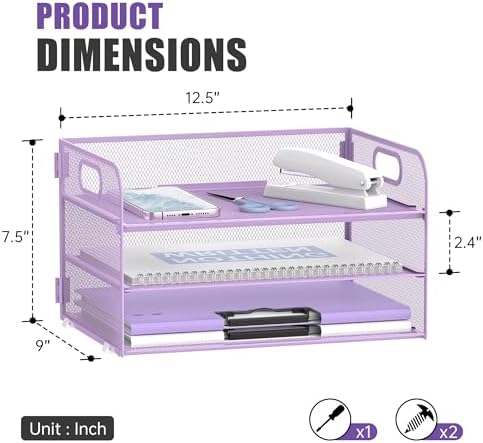 DALTACK 3 Tier Paper Organizer for Desk, Sliding Paper Trays, Purple