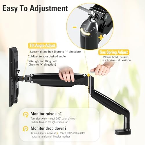 Single Monitor Mount Holds Screen up to 32", Height Adjustable Monitor Arm, Full Motion Computer Monitors Stand with Clamp/Grommet Base, VESA Mounts Fit 4.4-17.6lbs Computer, Black