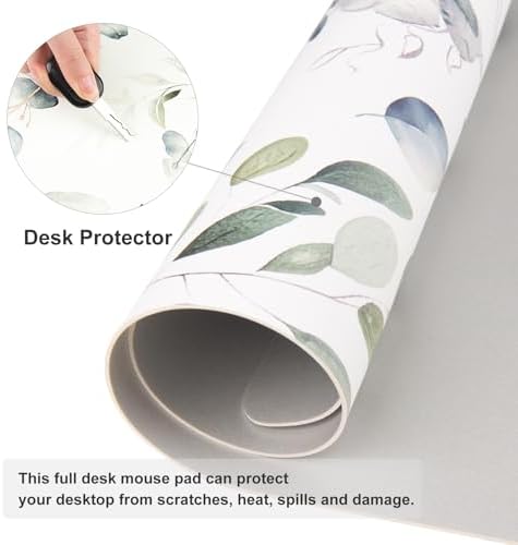 Leather Large Mouse Pad, Office Desk Mat, 31.5"x15.7", Eucalyptus Leaves