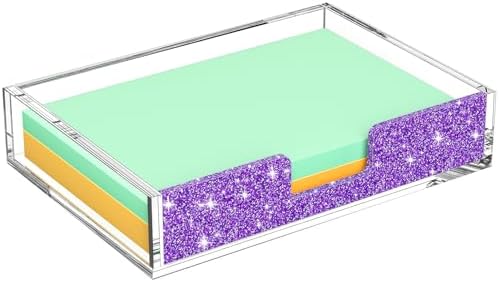 Acrylic Notepad Dispenser Organizer - 4 x 6 in Clear and Glitter Purple Sticky Note Holder W/O Pads Memo Holder for Dorm Room School Classroom Office Desk Organizer Aesthetic Supplies