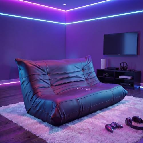 Homall Floor Gaming Chair Boneless Loveseat Couch, Ergonomic Floor Sofa Couch with Cup Holders, Leather Lazy Floor Lounger for Gaming, Reading, Relaxing, Watching TV (Black)