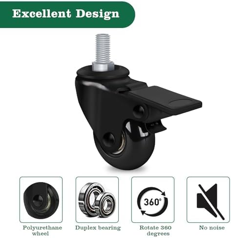 8T8 2" Office Chair Wheels Replacement with Brake, Rubber Caster Wheels with Threaded Stem 3/8''-16x1, Set of 5, Heavy Duty Desk & Gaming Chair Casters for Wood Floor Carpet Mat, Quiet Smooth Rolling
