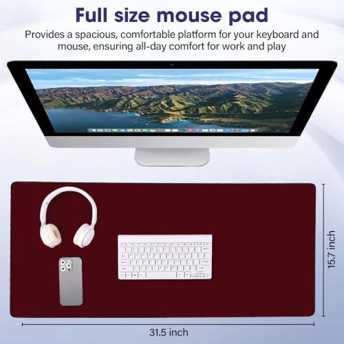 31.5" x 15.7" Waterproof Fabric Mouse Pad, Rubber Anti-Slip Base, Wine Red