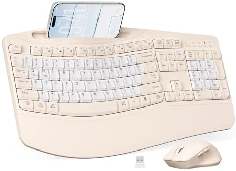 Wireless Keyboard and Mouse Combo, Ergonomic Wave Keys(Milk Tea-B)