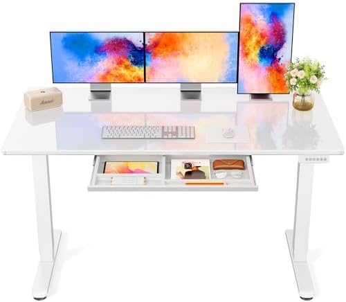 Marsail Glass Standing Desk with Drawer, 55 x 28 Inches Adjustable Desk, Home Office Desks with One-Piece Tempered Glass Top, Ergonomic Home Office Sit Stand Desk with 4 Preset Heights, White