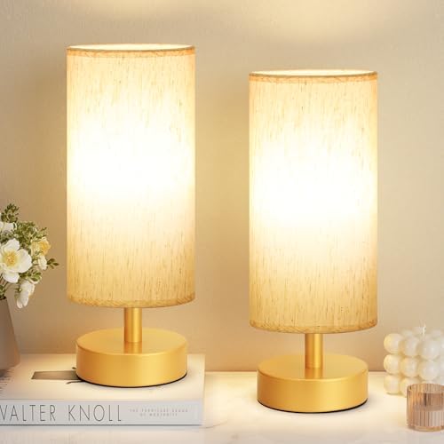 Table Lamps Set of 2 （Cream Shade- Gold Base, 11.6" Inline Control）