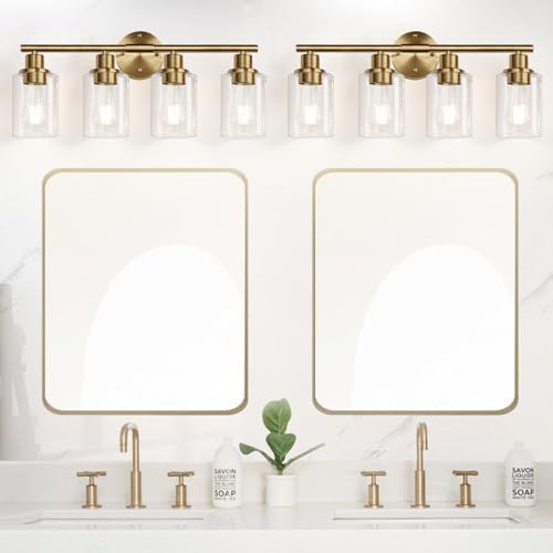Zarbitta 4-Light Bathroom Light Fixtures, Brushed Brass Modern Vanity Lights with Cyan Glass Shades, Bathroom Wall Lamp for Mirror Kitchen Living Room