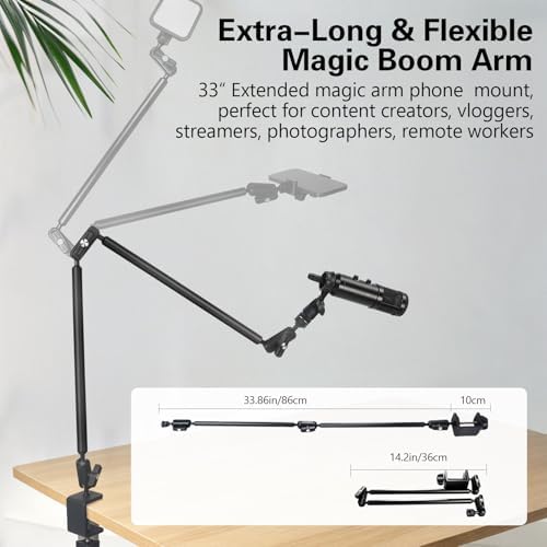 Desktop Clamp Magic Arm 33.84" Kit for Phone,DSRL Two-Stage Adjustable Flexible Arm, Overhead Camera Mount, Desk Phone Mount for Webcam, Action Camera, Mic,Video Light