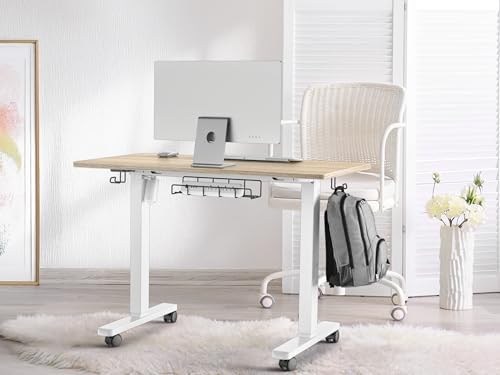 SHW Mobile Electric Height Adjustable Standing Desk w/Drawer, Maple
