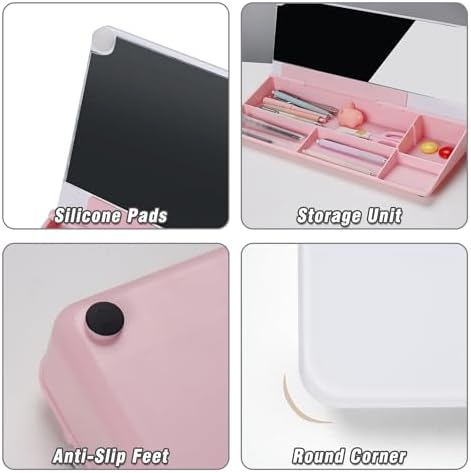 SELEAD Desktop Glass Whiteboard with Storage & Built-in Mirror, Pink