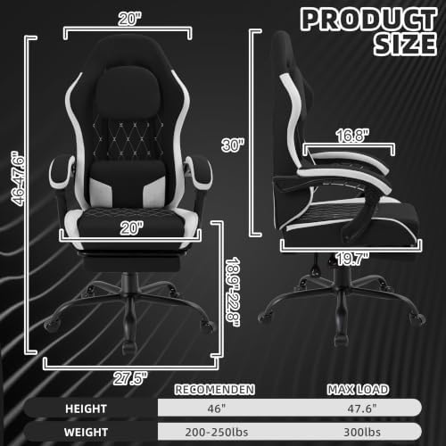 Gaming Chair for Adults, Fabric Gaming Chair with Footrest and Pocket Spring Cushion, Ergonomic Gamer Chair with Lumbar Support, Reclining Computer Gaming Chair with High Back (Black)