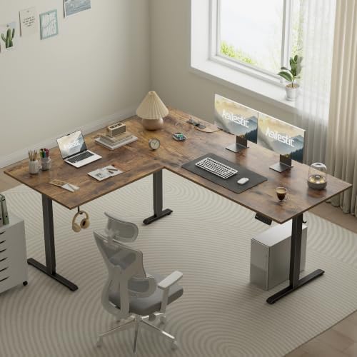 Agilestic 63x55 Inch L Shaped Electric Standing Desk, Corner Workstation, Rustic Brown