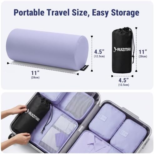 Travel Neck Roll Pillow, Memory Foam Round Pillow for Neck Support On the Go, Cylinder Bolster Pillow with Black Storage Bag, Cooling & Removable Cover, 11x4.5 Inches (Purple)