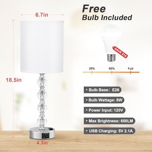 Touch Bedside Crystal Lamps for Bedrooms Nightstand with USB C+A Charging Port and AC Outlet White, 3 Way Dimmable Silver Large End Side Table Lamp for Living/Guest/Dinning Room/Kitchen