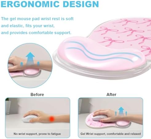 Pink Bow Mouse Pad with Gel Wrist Support - Cute Erogonomic Mousepad