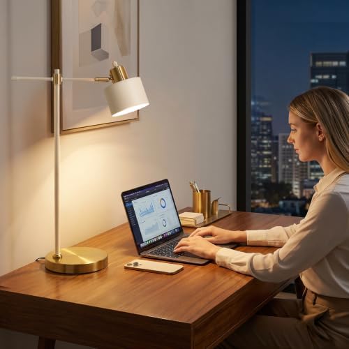 OYEARS 22.2" Modern Desk Lamp, Metal Table Lamp with LED Bulb, Adjustable Reading Lamps for Living Room, Mid Century Nightstand Lamp for Home Office, Industrial Bedside Lamps, Cream and Gold