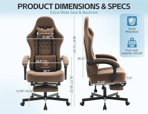 Office Chair for Home Office, Ergonomic Wide Seat Desk Chair with Pocket Spring Cushion, Breathable Leather Gaming Chair with Adjustable Headrest and Retractable Footrest，Brown