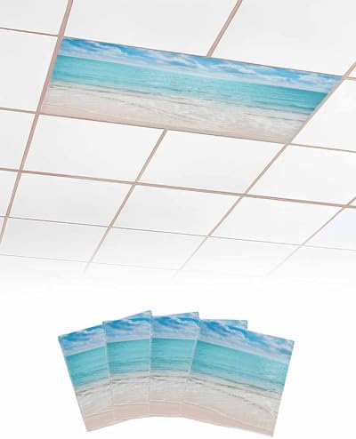 Ocean 4 Pcs Fluorescent Light Covers, Blue Sky Beach Waves Magnetic Filters Shade Panel Light Covers for Ceiling Lights Classroom Office Home Ceiling Decoration, 4 x 2 Ft