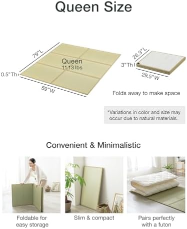 FULI Japanese Tatami Mattress, Foldable Igusa Rush Grass, Natural, Queen