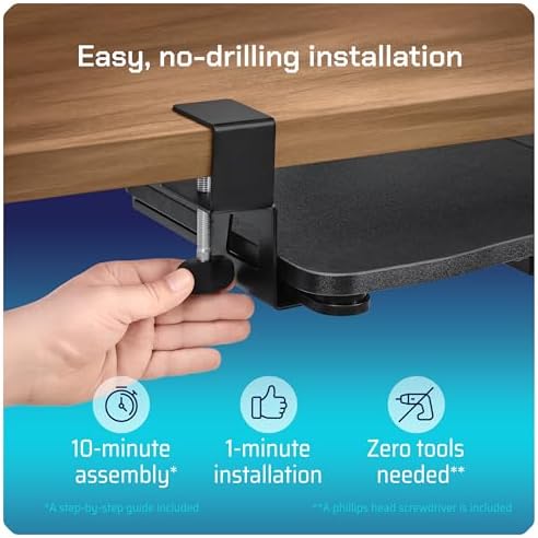 Keyboard Tray | Under Desk Keyboard Tray Slide Out w/Adjustable C-Clamps for Desks Up to 1.5-Inch-Thick | Clamp On Drawer with 1x USB-C to 4 USB-A Hub and 1x Five-Cable Management Organizer