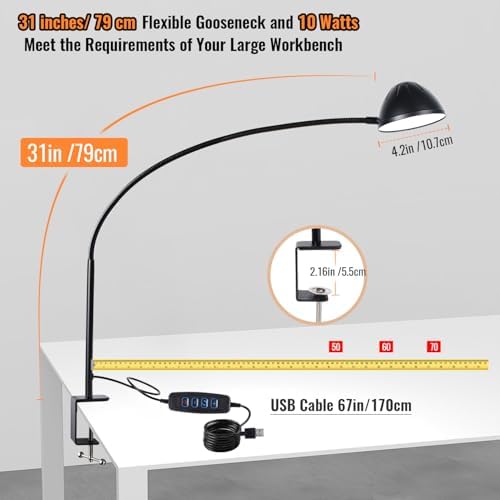 Long Gooseneck Clamp Lamp, Clip Desk Lamp with Clamp, 10W, 1100 LMS, 3 Color Modes, 10 Brightness Levels, 31 Inches Long Flaxible Gooseneck, Perfect for Craft, Reading, Home, Office