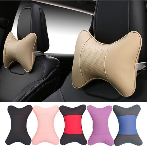 Car Neck Pillows 2pcs Pack Car Headrest Pillow Pu Leather Car Cervical Pillows for Traveling Car Pillows Filled by Fiber (Beige)