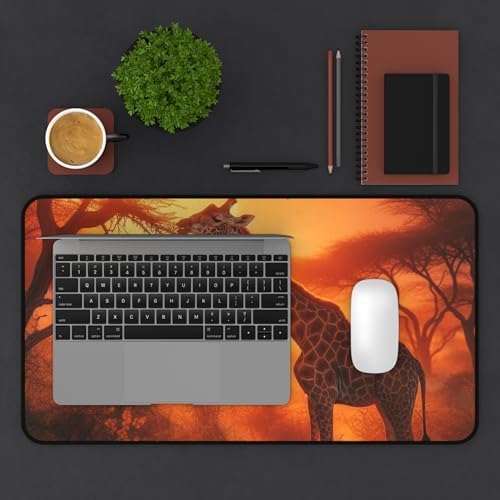Giraffe Stretching to Nibble Leaves Glowing with Sunset Light - Vibrant Colors Premium Desk Mat