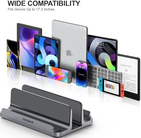 YICOSUN 3-Slot Aluminum Vertical Laptop Stand for Desk - Adjustable Width Dock for MacBook, Surface, Samsung, HP, Dell up to 17.3 inches - Space-Saving & Protective Design - Gray