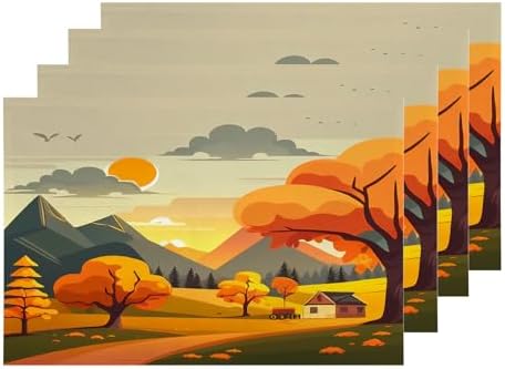 Shrahala Fall Season Countryside Village Set of 4 12 X 18 Inch Linen Placemats, Sunrise Sky Over Mountain Burlap Table Mat Washable Double Layered Heat Insulation for Indoor/Outdoor