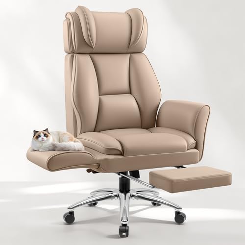 Big and Tall Office Chair, Flip Armrests for Pets & Cross Legged Sitting, Ergonomic Leather Executive Desk Chair with Foot Rest, High-Back Reclining Computer Chairs for Home Office Gaming, Khaki