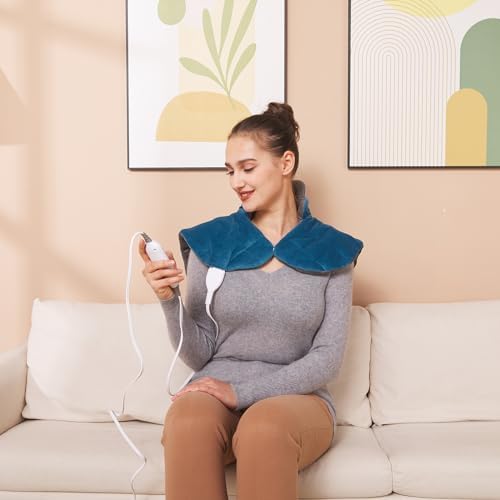 Ruqiji 19" x 24" Weighted Neck&Shoulder Heating Pad, 2.5lbs with 12 Temperature Settings&Countdown Timer,Pain Relief for Neck/Shoulders/Menstrual Pain(Dark Gray and Blue)