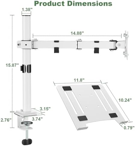 UPGRAVITY White Laptop Desk Mount with Vented Tray for Notebook up to 17 inch, Fully Adjustable Single Laptop Arm Stand Holds up to 17.6 lbs, Clamp on/Grommet Mounting