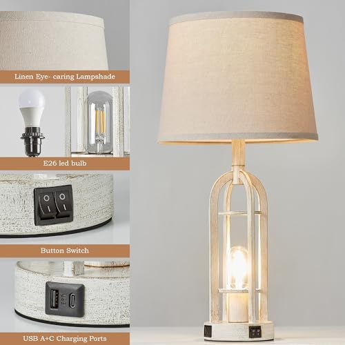 SRJJA 24" Farmhouse Table Lamps for Living Room Bedroom Set of 2, USB A+C