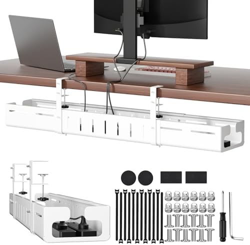 Under Desk Cable Management Tray, Expandable 25.2"–38.6" Cable Tray, White