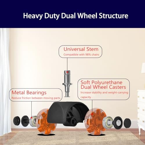 Hirate 2 inch Office Furniture Casters 7/16 inch Stem Dual Rubber Wheel