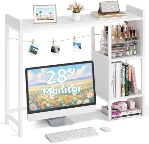 White 37" Desk Hutch for Table Top, Dorm Desk Bookshelf with Side Baffles, Desktop Organizer Shelf for Office & College, Monitor Riser Stand