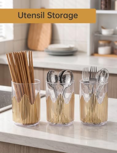 Clear Gold Striped Pen Holder, Makeup Brush & Toothbrush Cup