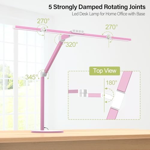 Micomlan Led Desk Lamp with Base, Adjustable Tall Architect Desk Light for Home Office with Flexible Swing Arm, 24W Pink Bright Table Lamp Auto Dimming Computer Light for Workbench