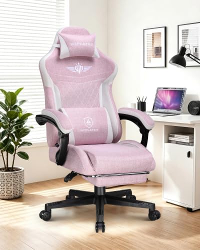 GTPLAYER Gaming Chair with Footrest, Big and Tall Game Chair High Back Computer Office Chair with Lumbar Support for Adults, Ergonomic Swivel Games Chair with Cushion Gaming, Fabric Pink