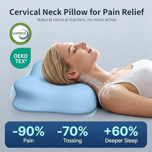 Cervical Pillow for Neck Pain Relief, Memory Foam Neck Pillow for Sleeping, Ergonomic Side Sleeper Pillow, 2 Heights Contour Orthopedic Pillow Deep Sleep Pillow for Side Back Stomach Sleepers (Blue)