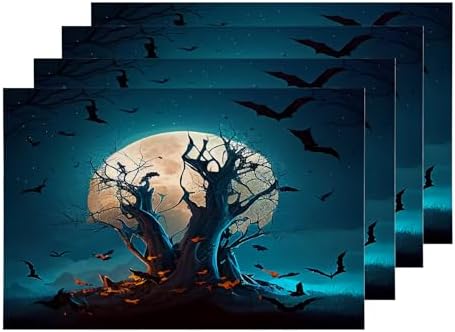 Shrahala Halloween Dark Forest Set Of 4 12 X 18 Inch Linen Placemats , Spooky Bats Dark Night Burlap Table Mat Washable Double Layered Heat Insulation For Indoor/Outdoor