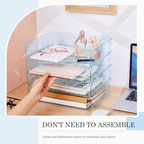 Harloon 4 Tier Clear Blue Acrylic Paper Organizer Letter Tray, Aesthetic Stackable Desk File Organizer Paper Holder Office Tray for A4, Modern Classroom Office Home File Pad Books Notes