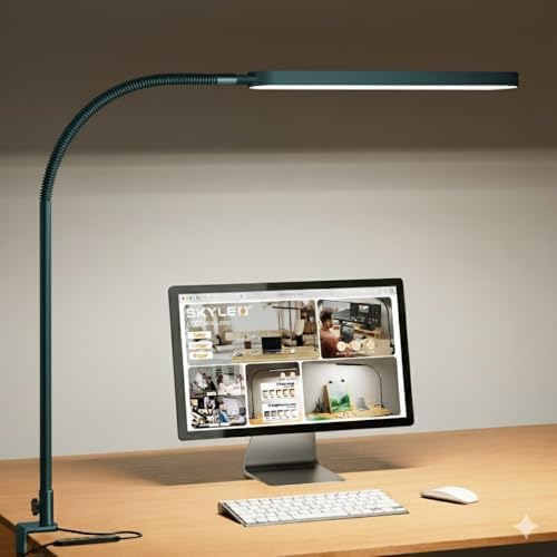 SKYLEO LED Desk Lamp - Desk Light for Home Office - Flexible Gooseneck - 5 Color Modes X 11 Brightness Levels - 1300LM - Timmer & Memory Function - 12W Clip on Light - Green