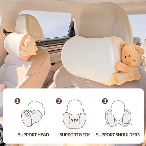 Car Headrest Pillow 2PCS Plush Bear ＆ Bunny Car Seat Headrest Pillow - Memory Foam Neck Support Cushions for Comfortable Driving, Easy Install & Washable (Brown)