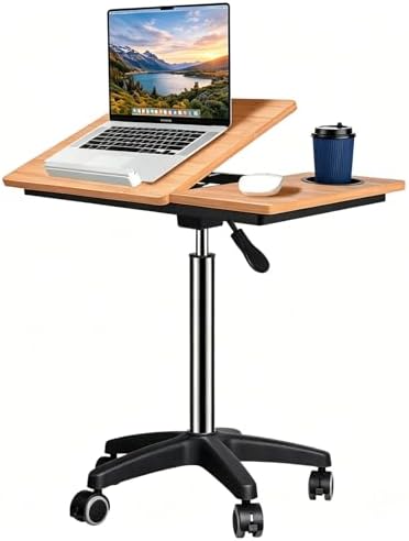 wishacc Large Rolling Desk Adjustable Height with Drawers, Mobile Standing Desk on Wheels, Portable Computer Workstation, White Sit to Stand Desk with Cup Holder & Storage for Home Office (Large)