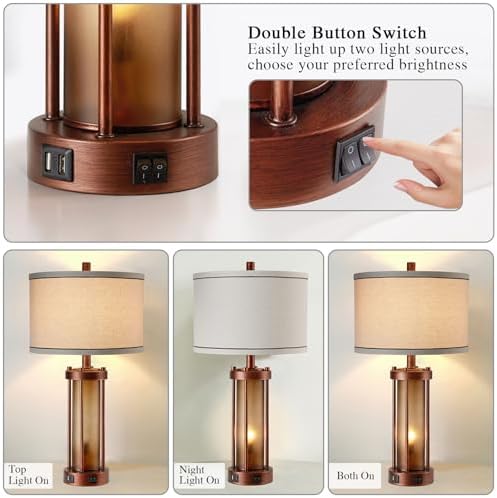 RORIA Set of 2 Farmhouse Table Lamps for Living Room with 2 USB Ports