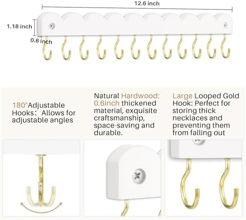 2 Pack Necklace Holder Organizer Wall Mount, Wooden Necklace Hanger Storage Hanging Jewelry Organizer with 12 Hooks for Necklaces, Bracelets, Rings and Bangles Display